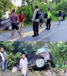 Personil Polsek Ranteangin Evakuasi Mobil Yang Nyaris Terperosok Ke Jurang